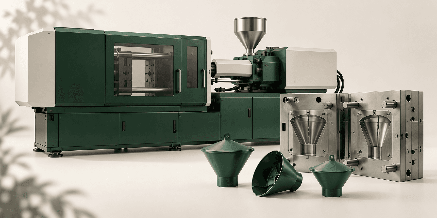 Illustration of an injection moulding machine, a metal mould and insect-trap components