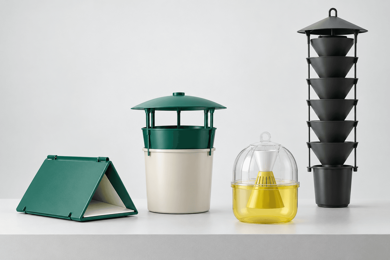 Original concept studies of a delta trap, bucket trap, fruit-fly trap and forestry funnel trap